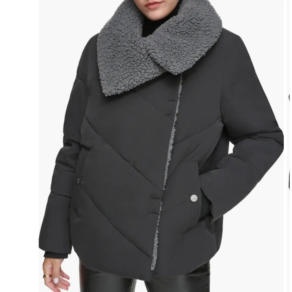 Andrew Marc Valencia Faux Shearling Puffer Jacket Black Gray L